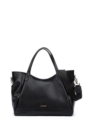 Sac cabas en cuir noir avec doubles poignées, bandoulière large détachable et petit logo de marque doré à l'avant.