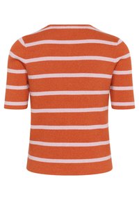 Haut à manches courtes orange avec des rayures horizontales blanches. Doté d'un col rond et d'un tissu tricoté texturé. Détails côtelés subtils.