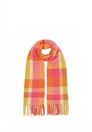 Soft wool scarf with orange, pink, yellow, and cream check pattern and fringed ends, arranged in a loop.