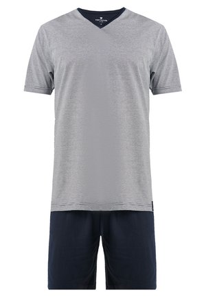 Grå randig t-shirt med V-hals, tillsammans med mörkblå shorts. Blandning av bomull, korta ärmar, avslappnad passform och utan synlig hårdvara.