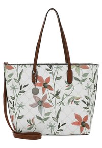 Sac fourre-tout en toile avec des poignées en simili cuir marron. Fond clair présentant des feuilles vertes et des fleurs rose-orange. Bandoulière détachable.