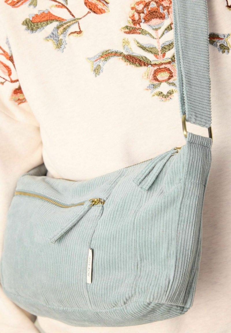 Sac bandoulière en velours côtelé bleu clair avec une fermeture éclair dorée, surface texturée et une poche avant supplémentaire. Bandoulière réglable attachée.