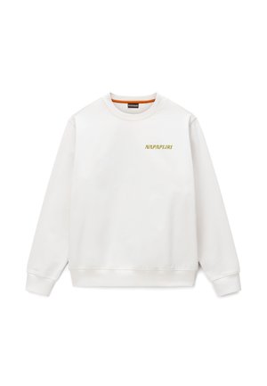 Fehér, hosszú ujjú, kerek nyakú pulóver bordázott mandzsettákkal és alsó szegéllyel, bal oldali mellrészen kis sárga "NAPAPIJRI" logóval.