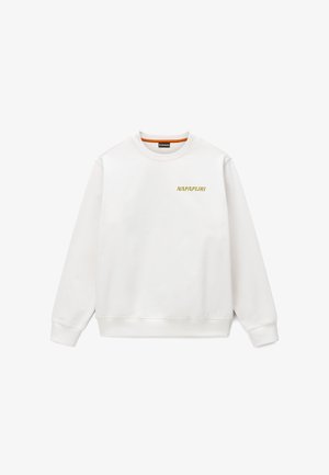 Fehér, hosszú ujjú, kerek nyakú pulóver bordázott mandzsettákkal és alsó szegéllyel, bal oldali mellrészen kis sárga "NAPAPIJRI" logóval.