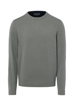 Pull gris à manches longues col rond avec poignets et ourlet côtelés, texture en maille unie, présenté sur fond blanc.