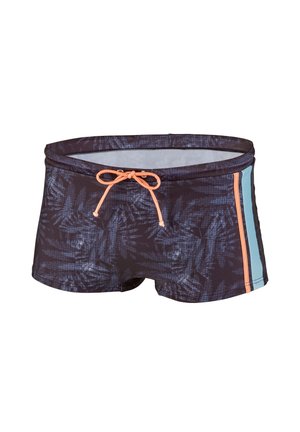 Marine zwemshorts met een bladerenpatroon, oranje trekkoord en een blauwe zijstreep. Gemaakt van rekbaar, lichtgewichtig materiaal voor comfort.
