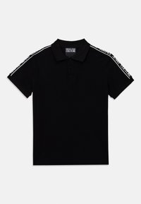 Black polo shirt made of cotton, featuring a collar, three buttons, and white logo tape along the shoulders. Regular fit with short sleeves.