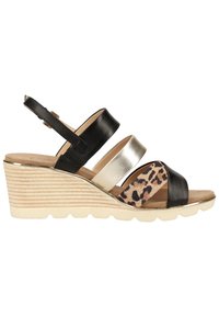 Wedge sandal featuring black and gold synthetic leather straps, leopard print fabric, and a textured cream-colored platform sole.
