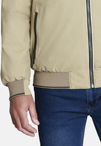 Chaqueta bomber beige con cierre frontal, puños y dobladillo elásticos. Presenta sutiles acentos acanalados y una textura suave y mate.