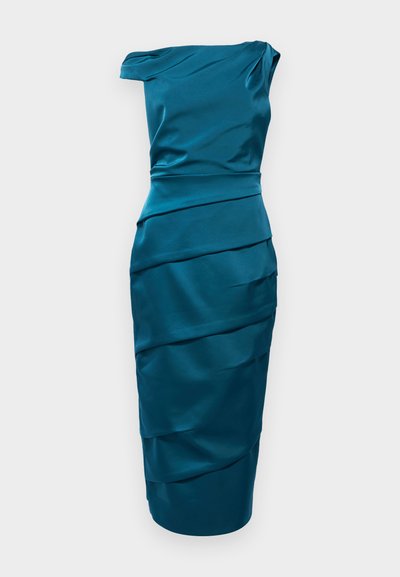 Turkio satino suknelė su viena petneša, prigludusia liemeniu ir sluoksniuoto drapiravimo efektu. Pieštuko sijonas siekia vidurinę blauzdą. Lygus paviršius.