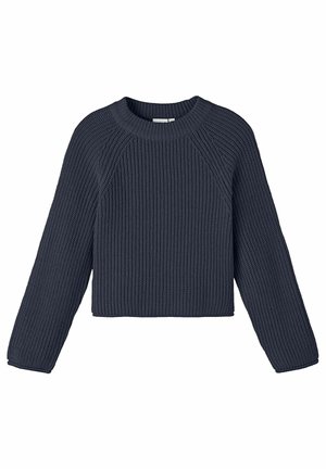 Granatowy, gruby sweter z dzianiny z długimi rękawami raglanowymi i szerokim prążkowanym okrągłym dekoltem.