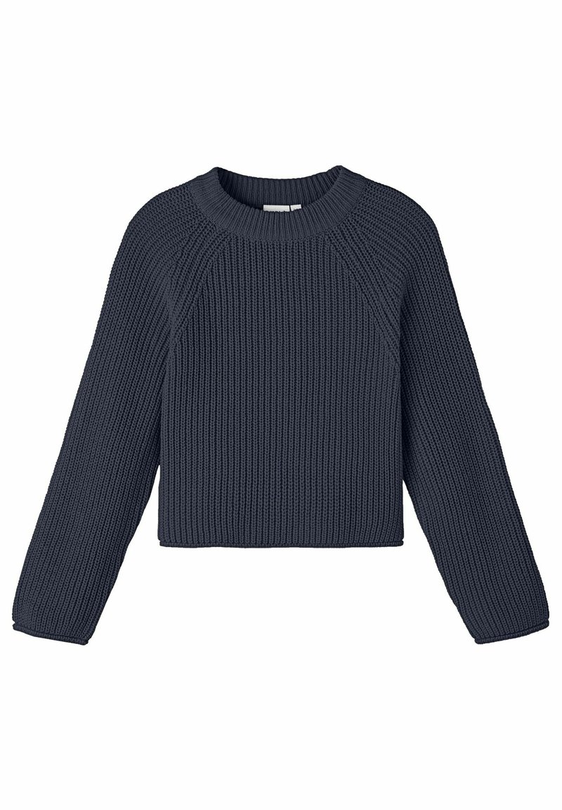 Pull en grosse maille bleu marine avec manches longues raglan et large col ras du cou côtelé.