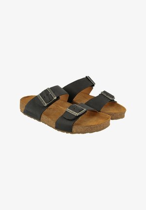 Schwarze Ledersandalen mit zwei verstellbaren Riemen und Metall-Schnallen. Korkfußbett mit strukturierten Oberflächen für Komfort.