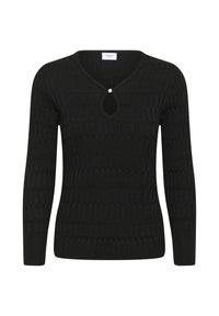 Black knitted sweater with long sleeves, featuring a ribbed texture and a keyhole neckline detail enhanced by a small pearl accent.