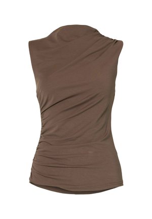Varrukateta pruun ühe õlaga top koos kogutud detailide ja voltidega külgedel, keha järgiv ja valmistatud pehmest venivast kangast.