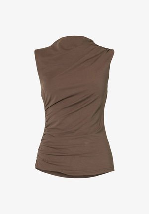 Ärmelloses braunes One-Shoulder-Top mit gerafften Details und gerafften Seiten, figurbetont und aus weichem, elastischem Stoff gefertigt.