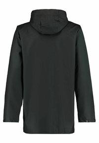 Black waterproof jacket with a hood, long sleeves, and snap buttons at the cuffs. Simple design with a smooth, matte texture.