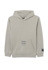 Lichtgrijze hoodie van zacht materiaal, met een voorzak, een trekkoordcapuchon en bedrukte tekst op de zak en de mouw.