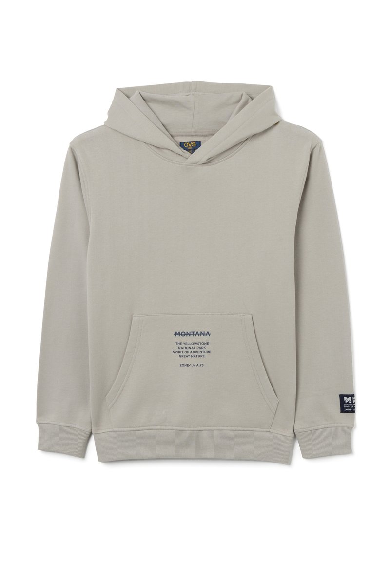 Lichtgrijze hoodie van zacht materiaal, met een voorzak, een trekkoordcapuchon en bedrukte tekst op de zak en de mouw.