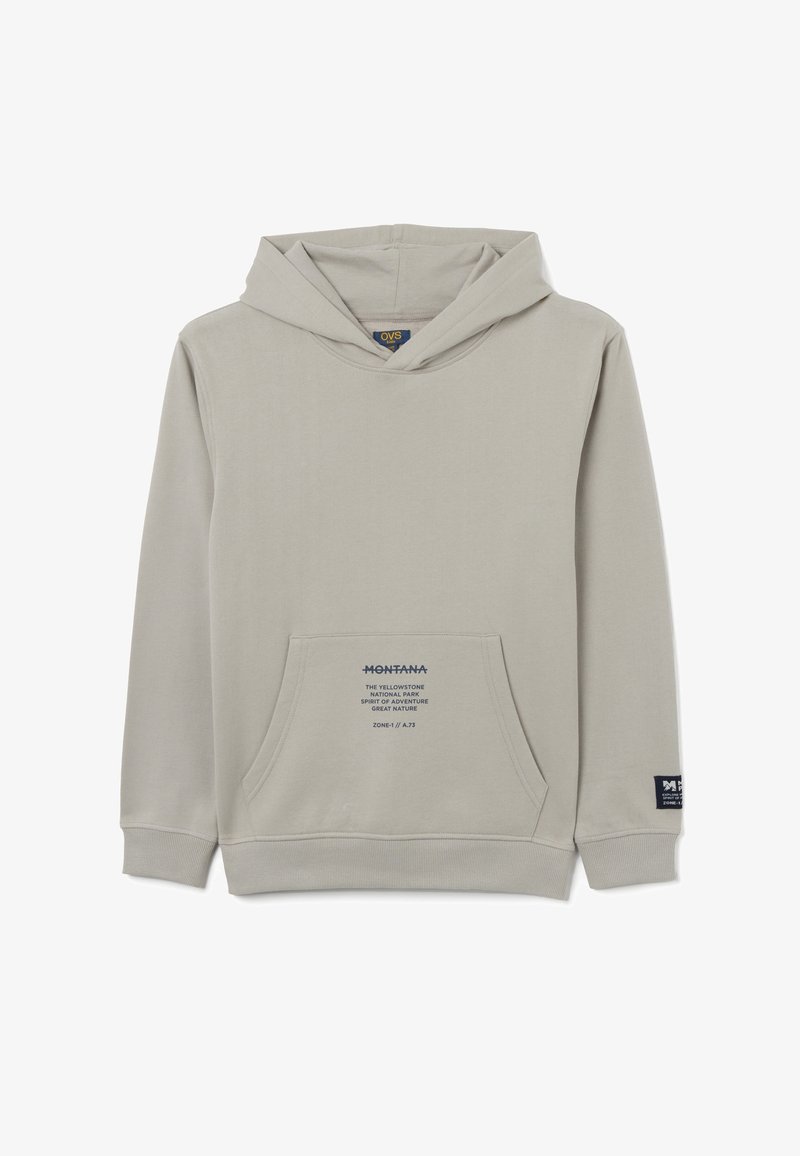 Sudadera ligera de color gris claro hecha de tela suave, con un bolsillo frontal, capucha con cordón y texto impreso en el bolsillo y en la manga.