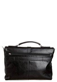 Schwarze Ledertasche mit Obergriff und vorderer Reißverschlusstasche vor einem weißen Hintergrund, die Textur- und Nähdetails zeigt.