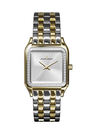 Quadratische silberne und goldene Armbanduhr mit diamantbesetzter Lünette, silbernem Zifferblatt, goldenen Zeigern und zweifarbigem Metallarmband.