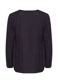 Long-sleeve, dark purple blouse with a round neckline, smooth texture, and buttoned cuffs. Clean, seamless back design, no patterns.
