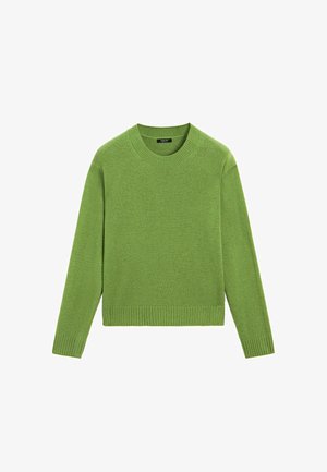 Green long-sleeve knit sweater with ribbed crew neck, cuffs, and hem, shown flat on a white background.