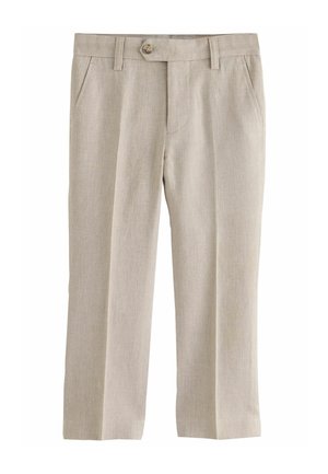 Pantaloni beige in misto lino con design a gamba dritta, dotati di due tasche frontali e chiusura a un bottone in vita.