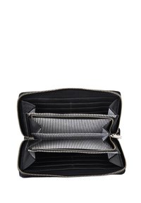 Black leather wallet with a zip closure, featuring multiple card slots and a striped fabric lining. Two compartments for organization.