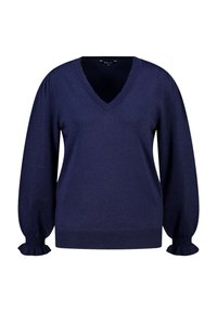 Marineblauwe trui met een V-hals, lange pofmouwen en geruite manchetten. Gemaakt van een zachte, gestructureerde stof.