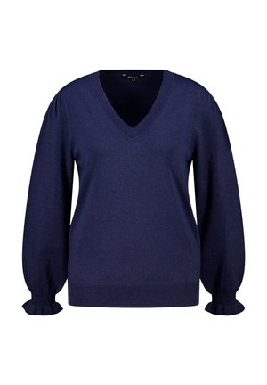 Marineblauwe trui met een V-hals, lange pofmouwen en geruite manchetten. Gemaakt van een zachte, gestructureerde stof.