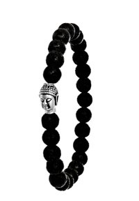 Zwarte kralenarmband met ronde vulkanische stenen en een centraal zilveren Boeddha-hoofdsieraad met gedetailleerde gelaatskenmerken.