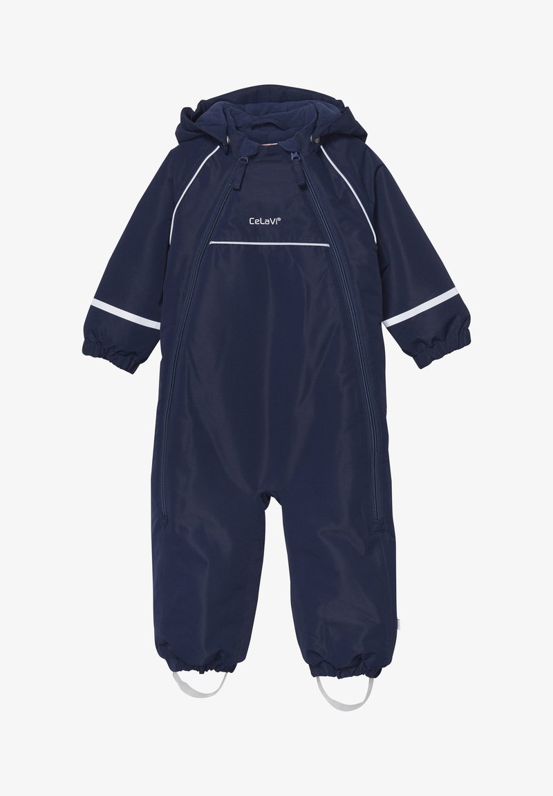 Navy blue waterproof snowsuit with a hood, elastic cuffs, white reflective accents, and two zippered pockets. Smooth outer texture.