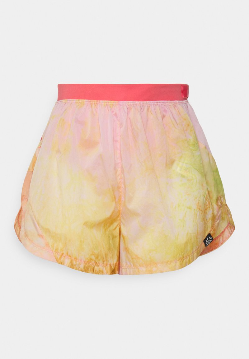 Szorty w różowo-żółtym wzorze tie-dye z jednolitą różową elastyczną talią. Posiadają boczne rozcięcia oraz małe logo. Lekki materiał.