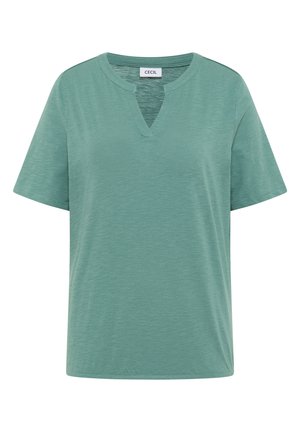 Korte mouwen groene t-shirt met een ronde halslijn, voorzien van een V-vormige uitsparing aan de voorkant, gemaakt van zachte, gestructureerde stof.