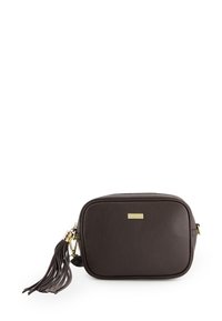 Brown leather crossbody bag with a textured finish, gold-tone hardware, and a tassel accent. Features a zip closure and rectangular shape.