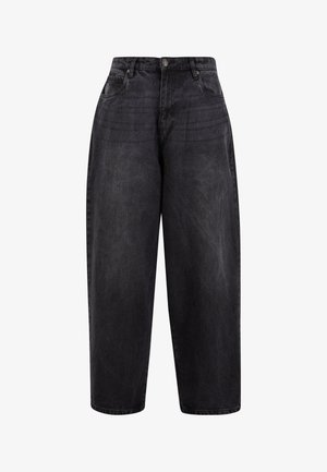 Sorte denim bukser med vid ben og høy midje, med knappelukking, frontlommer og en lett vasken struktur for et avslappet utseende.