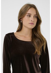 Brūnas samta garām piedurknēm blūze ar apaļu dekoltē, kas izceļas ar gludu tekstūru un brīvu piegriezumu. Modelis valkā sudraba riņķveida auskarus.