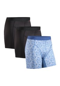 Tre paia di boxer da uomo: due neri e uno blu con un motivo geometrico. Presentano una vita elastica con la scritta "DANISH ENDURANCE".