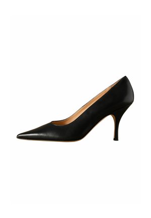 Black leather pointed-toe high heel shoe with a slim mid-height stiletto heel and a smooth finish.