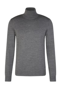 Grey turtleneck sweater made of soft material. Features long sleeves, a ribbed collar, and a smooth texture with no patterns or embellishments.