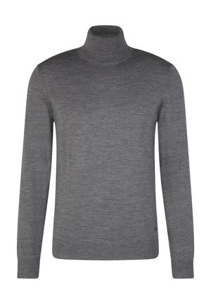 Grauer Rollkragenpullover aus weichem Material. Er verfügt über lange Ärmel, einen gerippten Kragen und eine glatte Textur ohne Muster oder Verzierungen.