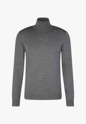 Grauer Rollkragenpullover aus weichem Material. Er verfügt über lange Ärmel, einen gerippten Kragen und eine glatte Textur ohne Muster oder Verzierungen.