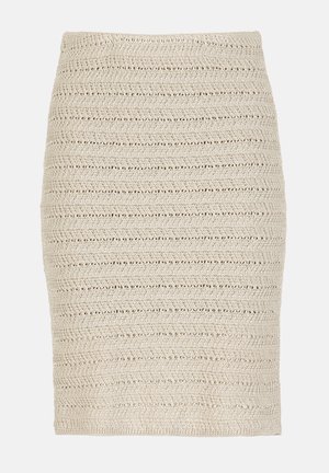 Jupe crayon beige en maille avec motifs texturés en zigzag horizontal et œillets, coupe droite et ourlet étroit.