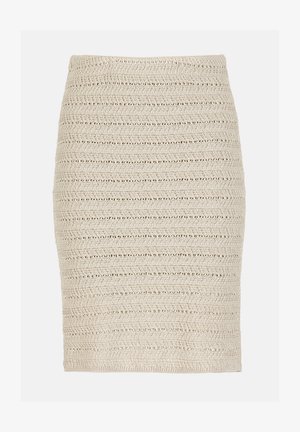 Béžová pletená ceruzková sukňa s textúrovaným horizontálnym cikcak vzorom a dierkami, rovný strih a úzky lem.