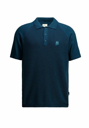 Navyblauw gebreid poloshirt met korte mouwen, drie knopen en een klein logoplaatje op de linkerborst.