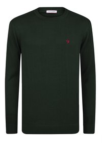 Maglione verde scuro lavorato a maglia con scollo rotondo, caratterizzato da maniche lunghe e un sottile logo di un uccellino rosso sul petto a sinistra. Texture liscia e forma aderente.