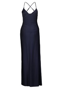 Robe midi bleu marine à bretelles spaghetti avec un design croisé dans le dos, silhouette longue et ajustée, et fente latérale pour plus de confort. Fabriquée dans un tissu lisse.