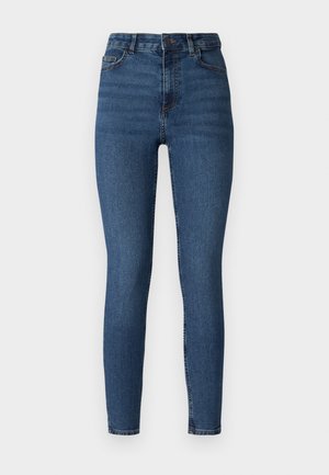 Sötétkék farmer skinny farmernadrág magas derékkal, elülső gombzáródással, övhurkokkal és standard öt zsebes kialakítással.